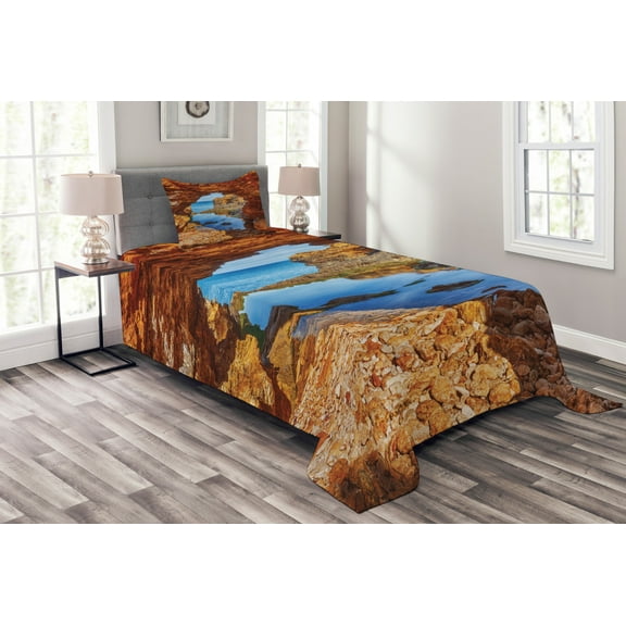 Ambesonne Scenery Quilted Bedspread Set 2 Pcs, Australian Sea and Sky, Twin Size, Cream Blue