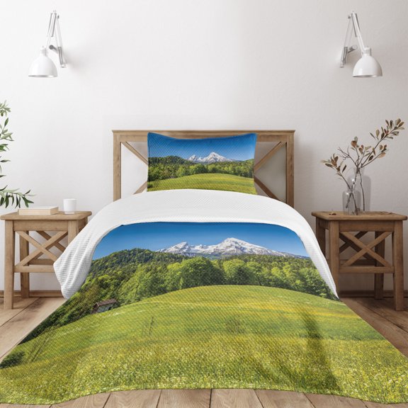Ambesonne Scenery Quilted Bedspread Set 2 Pcs, Bavarian Alps Village, Twin Size, Forest Green Fern Green