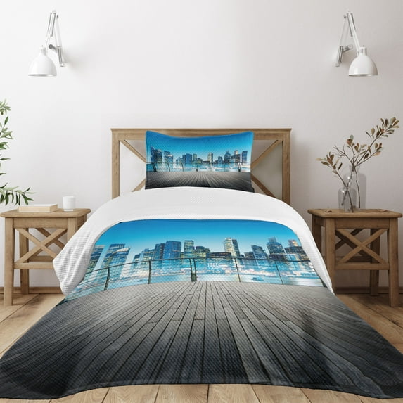 Ambesonne Scenery Quilted Bedspread Set 2 Pcs, Blurry Skyscrapers Sea, Twin Size, Pale Blue Dark Blue