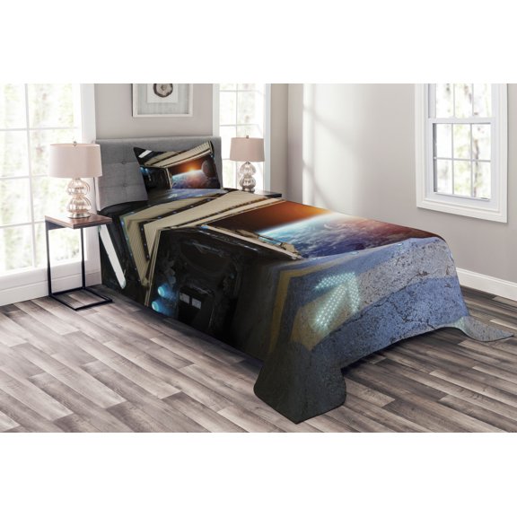 Ambesonne Scenery Quilted Bedspread Set 2 Pcs, Earth Galaxy Space, Twin Size, Multicolor