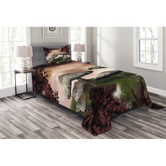 Ambesonne Scenery Quilted Bedspread Set 2 Pcs, Forest, Twin Size, Maroon Grey