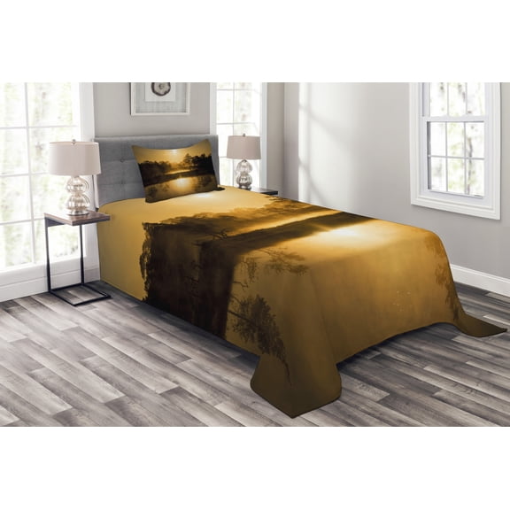 Ambesonne Scenery Quilted Bedspread Set 2 Pcs, Idyllic Sunrise Morning, Twin Size, Sepia