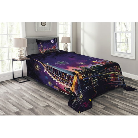 Ambesonne Scenery Quilted Bedspread Set 2 Pcs, Night Dubai Skyscraper, Twin Size, Purple