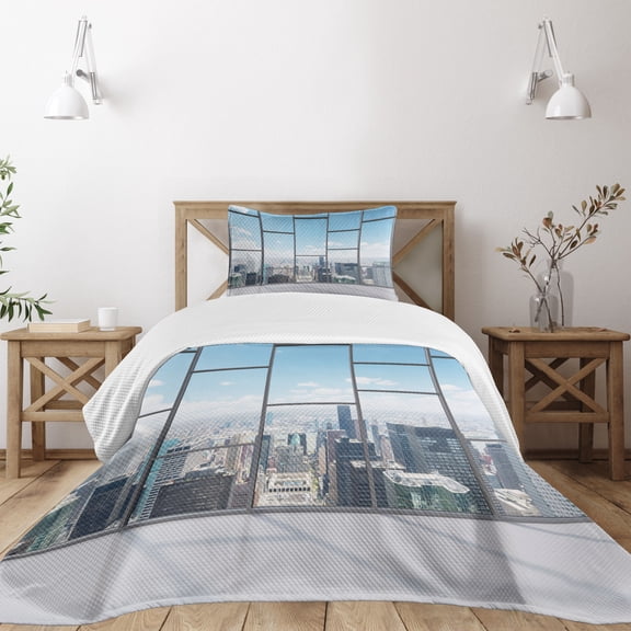 Ambesonne Scenery Quilted Bedspread Set 2 Pcs, Office in Skyscrapers, Twin Size, Sky Blue and Grey