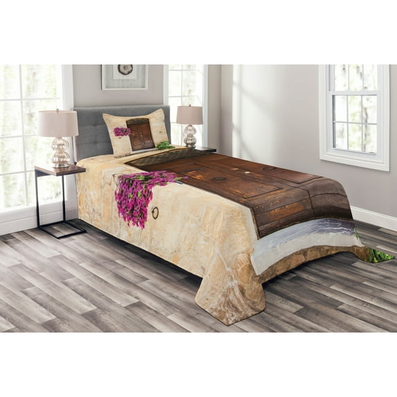 Ambesonne Scenery Quilted Bedspread Set 2 Pcs, Rusty Wood Door Italian, Twin Size, Cream Lilac Brown