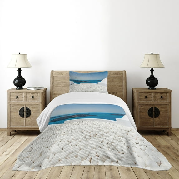 Ambesonne Scenery Quilted Bedspread Set 2 Pcs, Santorini Island Greece, Twin Size, Turquoise and White
