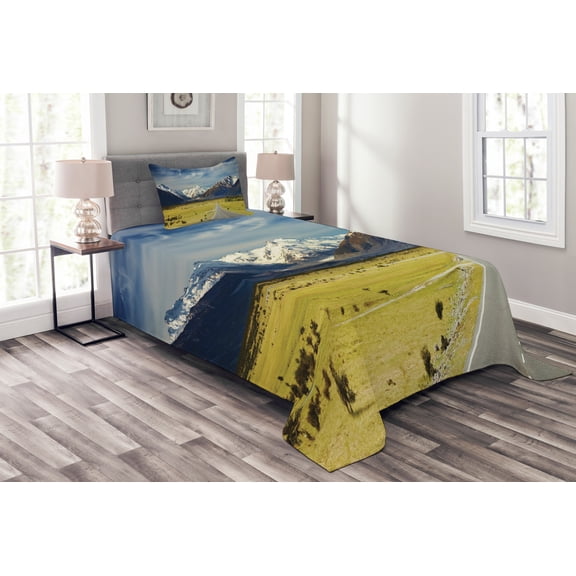 Ambesonne Scenery Quilted Bedspread Set 2 Pcs, Snowy Mountains Alps, Twin Size, Navy Blue White Olive