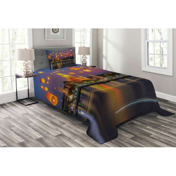 Ambesonne Scenery Quilted Bedspread Set 2 Pcs, Wet Arun Building Night, Twin Size, Multicolor