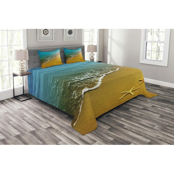 Ambesonne Scenery Quilted Bedspread Set 3 Pcs, Caribbean Ocean, King Size, Pale Blue and Marigold