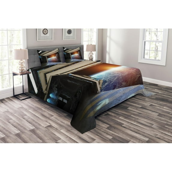 Ambesonne Scenery Quilted Bedspread Set 3 Pcs, Earth Galaxy Space, Queen Size, Multicolor