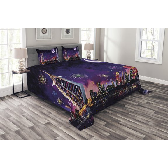 Ambesonne Scenery Quilted Bedspread Set 3 Pcs, Night Dubai Skyscraper, King Size, Purple