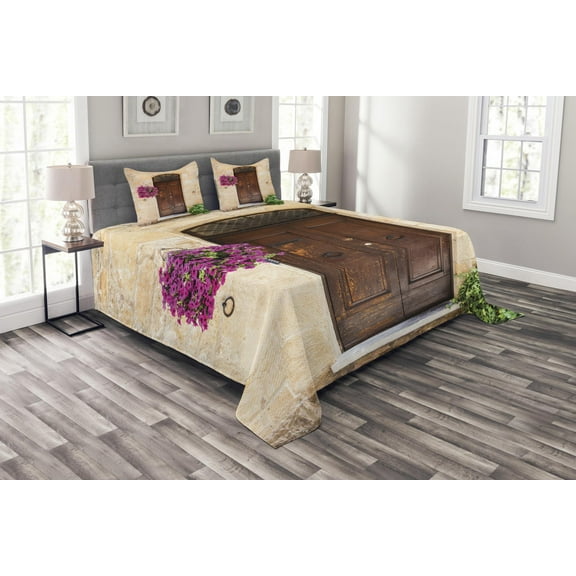 Ambesonne Scenery Quilted Bedspread Set 3 Pcs, Rusty Wood Door Italian, Queen Size, Cream Lilac Brown