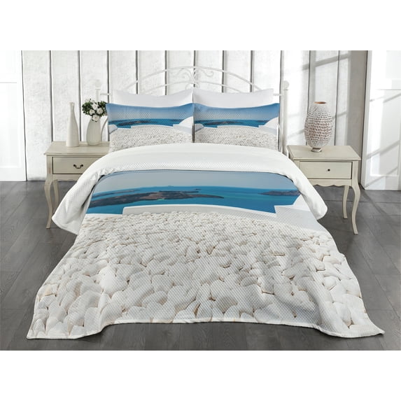 Ambesonne Scenery Quilted Bedspread Set 3 Pcs, Santorini Island Greece, King Size, Turquoise and White