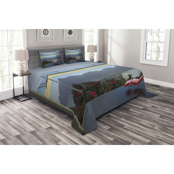 Ambesonne Scenery Quilted Bedspread Set 3 Pcs, Tropical Island Flowers, Queen Size, Charcoal Grey Green