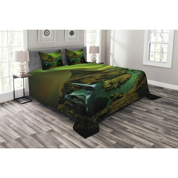 Ambesonne Scenery Quilted Bedspread Set 3 Pcs, Waterfall Creek, King Size, Fern and Olive Green