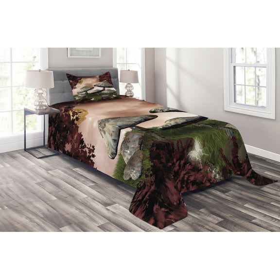 Ambesonne Scenery Quilted Coverlet 2 Pcs, Forest, Twin Size, Maroon Grey