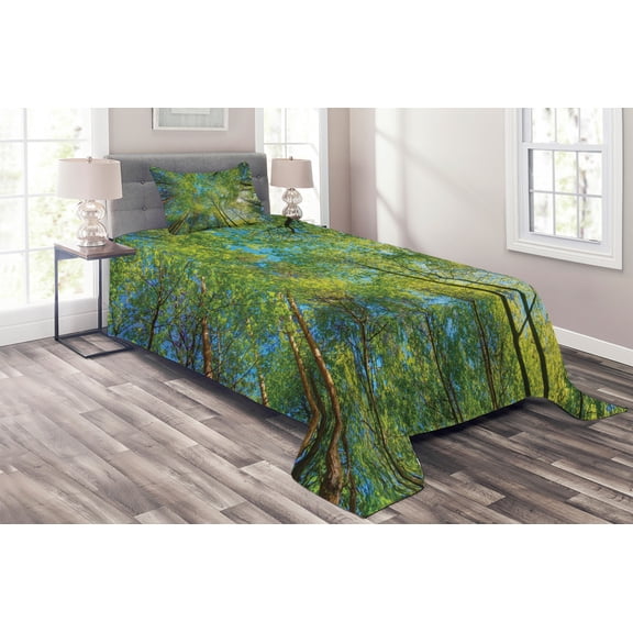 Ambesonne Scenery Quilted Coverlet 2 Pcs, Willow Flora in Nature, Twin Size, Green