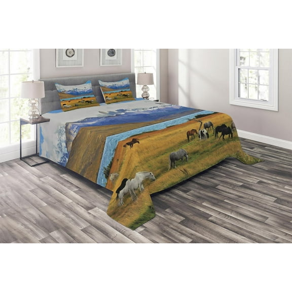 Ambesonne Scenery Quilted Coverlet 3 Pcs, Farm Horse in Mountain, King Size, Multicolor