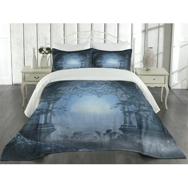 Ambesonne Scenery Quilted Coverlet 3 Pcs, Foggy Palace, Queen Size, Navy Blue and Grey