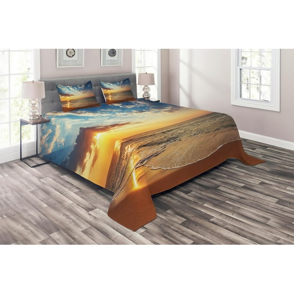 Ambesonne Scenery Quilted Coverlet 3 Pcs, Sea Honeymoon Travel, King Size, Blue Yellow Brown