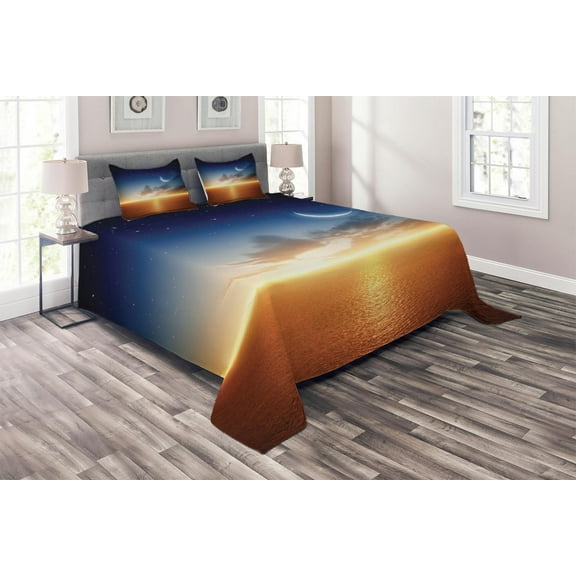 Ambesonne Scenery Quilted Coverlet 3 Pcs, Sunset Sky Moon Stars, King Size, Navy Yellow Orange