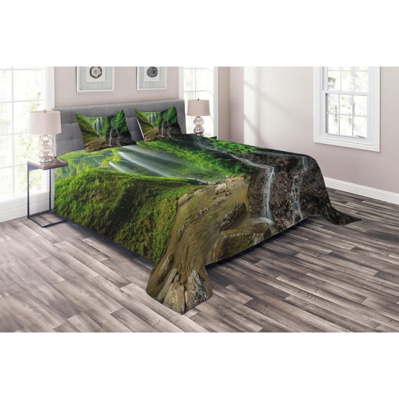 Ambesonne Scenery Quilted Coverlet 3 Pcs, Waterfall Forest, King Size, Green and Brown