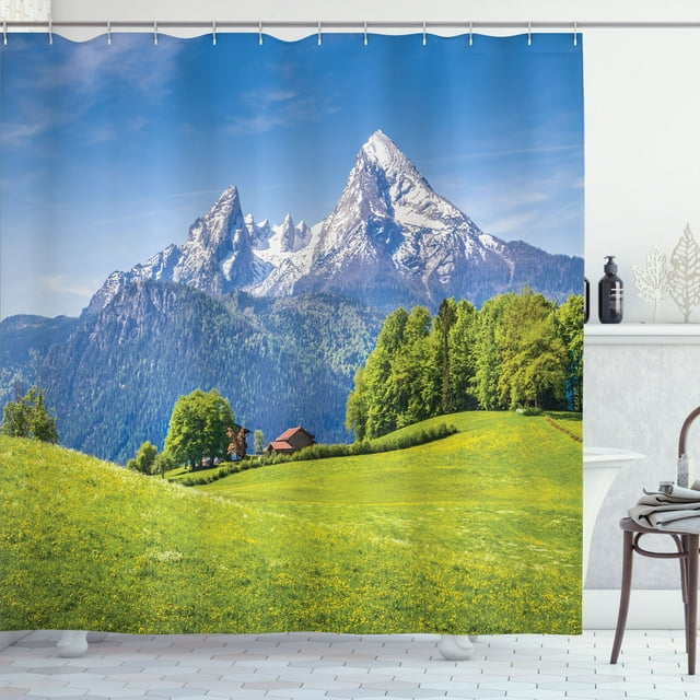 Ambesonne Scenery Shower Curtain, Blooming Flower Foliage, 69"Wx70"L, Green Sky Blue