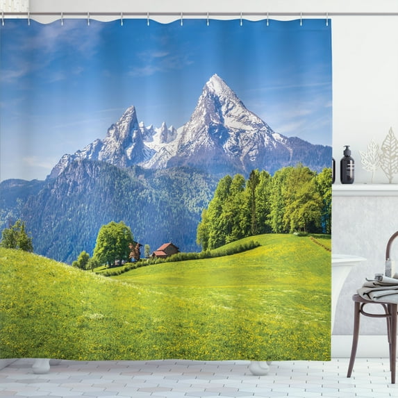 Ambesonne Scenery Shower Curtain, Blooming Flower Foliage, 69"Wx84"L, Green Sky Blue