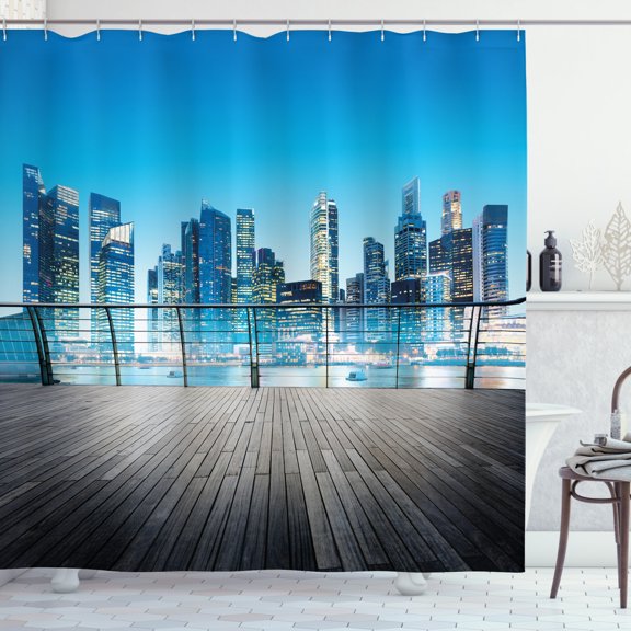 Ambesonne Scenery Shower Curtain, Blurry Skyscrapers Sea, 69"Wx84"L, Pale Blue Dark Blue