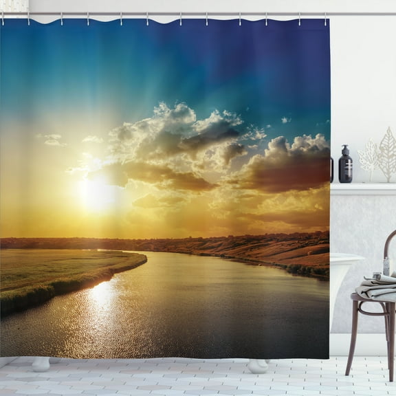 Ambesonne Scenery Shower Curtain, Dreamy Sunset on River, 69"Wx84"L, Blue Yellow