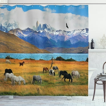Ambesonne Scenery Shower Curtain, Farm Horse in Mountain, 69"Wx70"L, Multicolor
