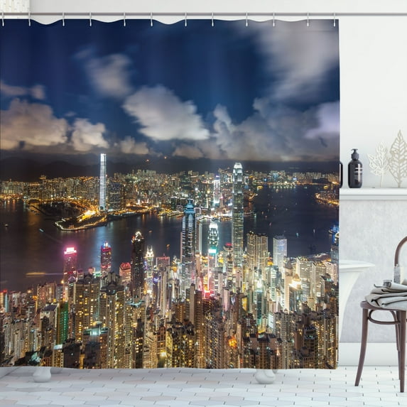 Ambesonne Scenery Shower Curtain, Night View Hong Kong, 69"Wx84"L, Navy White