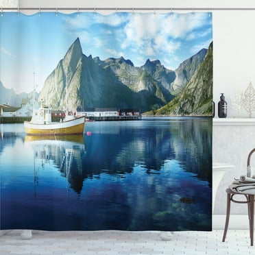 Ambesonne Scenery Shower Curtain, Sunset Lake by Harbor, 69"Wx84"L, Blue