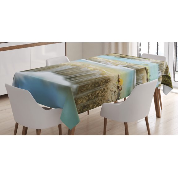 Ambesonne Scenery Tablecloth Rectangular Table Cover, Rock Stairs in Forest, 60"x90", Blue and Green