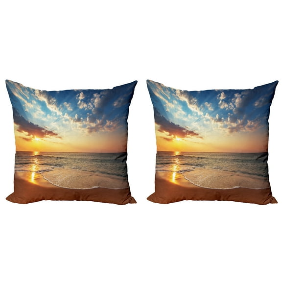Ambesonne Scenery Throw Pillow Cover 2 Pack, Sea Honeymoon Travel, 16", Blue Yellow Brown