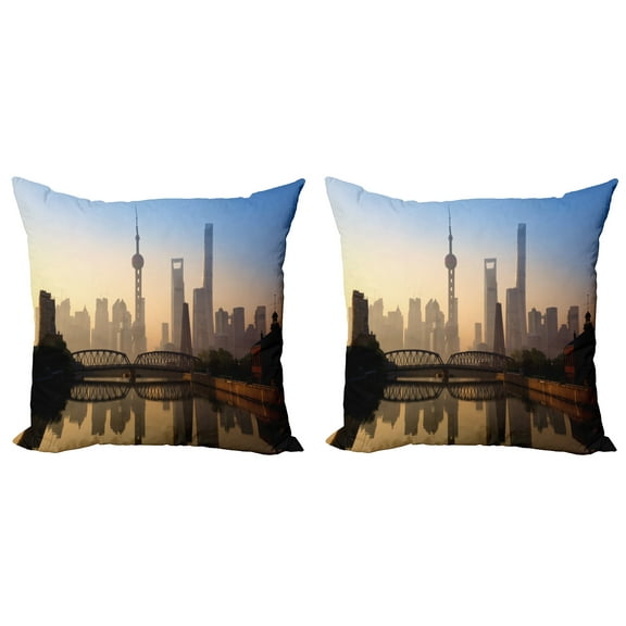 Ambesonne Scenery Throw Pillow Cover 2 Pack, Shanghai Morning View, 20", Blue Brown