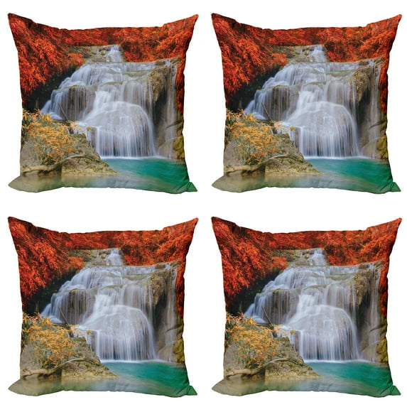 Ambesonne Scenery Throw Pillow Cover 4 Pack, Autumn Leaves on Lake, 16", Blue White and Orange
