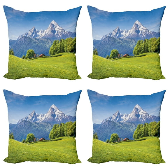 Ambesonne Scenery Throw Pillow Cover 4 Pack, Blooming Flower Foliage, 18", Green Sky Blue