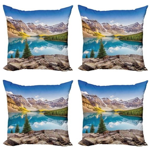 Ambesonne Scenery Throw Pillow Cover 4 Pack, Calm Lake and Mountain, 20", Blue Green Grey