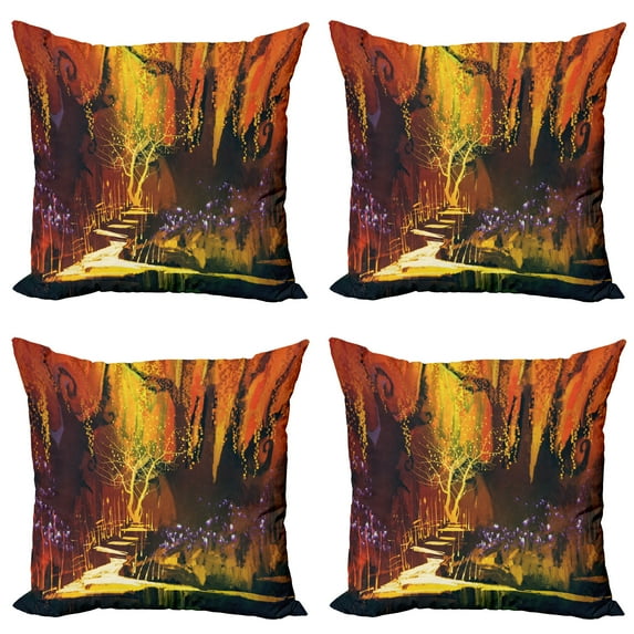Ambesonne Scenery Throw Pillow Cover 4 Pack, Imaginary Forest View, 24", Orange Brown