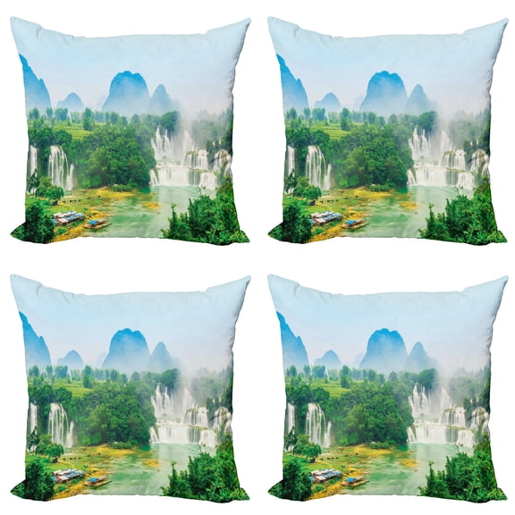 Ambesonne Scenery Throw Pillow Cover 4 Pack, Misty Jungle Forest, 20", Fern Green Multicolor