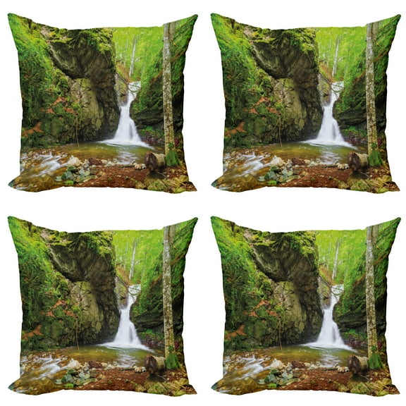 Ambesonne Scenery Throw Pillow Cover 4 Pack, Spring Waterfall Nature, 16", Green and White