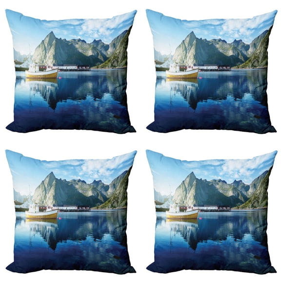 Ambesonne Scenery Throw Pillow Cover 4 Pack, Sunset Lake by Harbor, 20", Blue