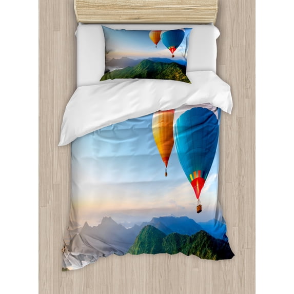 Ambesonne Scenic Summer Duvet Cover Sets, Balloons on Ridges, 2-Twin, Azure Blue Multicolor