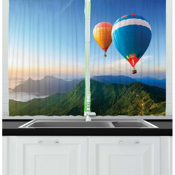 Ambesonne Scenic Summer Kitchen Curtains, Balloons on Ridges, 55"x45", Azure Blue Multicolor