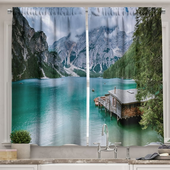 Ambesonne Scenic View Kitchen Curtains, Lago Di Braies Lake Art, 55"x30", Cadet Blue and Olive Green