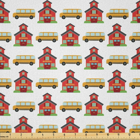 Ambesonne School Bus Fabric by the Yard Microfiber, Back to Hall Pupil Art, 3 Yards, White Dark Pink Mustard