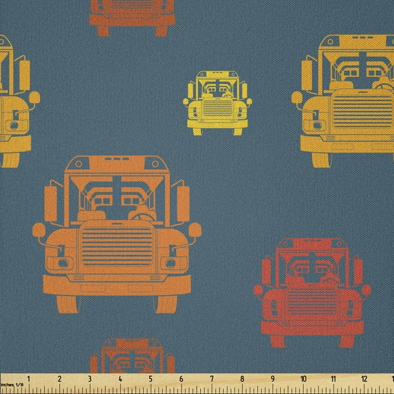 Ambesonne School Bus Fabric by the Yard Microfiber, Drawing Student Carrier, 10 Yards, Dark Cadet Blue Orange
