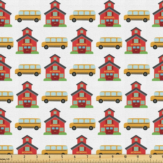 Ambesonne School Bus Fabric by the Yard Upholstery, Back to Hall Pupil Art, 1 Yard, White Dark Pink Mustard