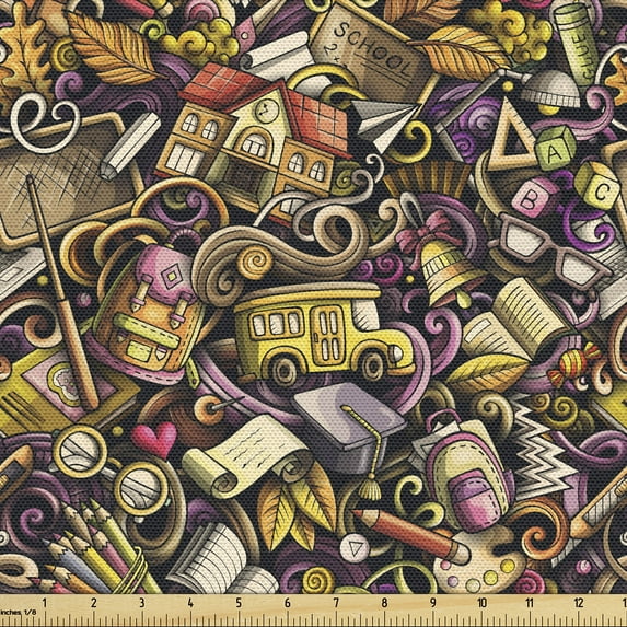 Ambesonne School Bus Fabric by the Yard Upholstery, Complex Cartoon Style, 10 Yards, Plum Umber